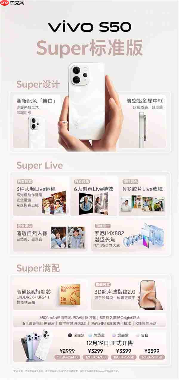 一图读懂vivo S50：田曦薇代言 2999元起