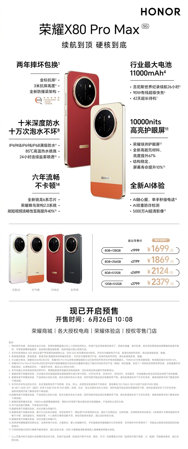 1699.15元起！一图读懂荣耀X80 Pro Max：续航创造吉尼斯纪录